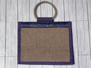 Jute Cottage Purse Womens Medium Purple Embroidered Twine Bamboo Handle Handbag