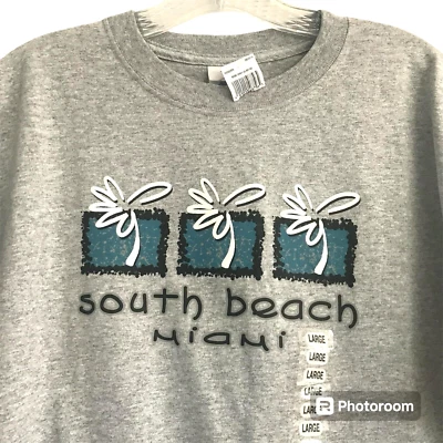 SOUTH BEACH MIAMI Graphic T-Shirt Sz L Delta Magnum weight Y2K Grey - Image 1 of 4