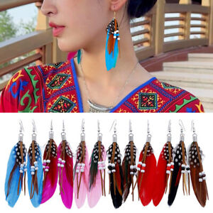 Earrings Feather Beaded Earrings Drop Dangle Earrings Vintage Ethnic Handmade