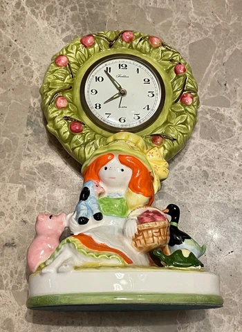 Vintage Clock Japan Tradition Ceramic Windup Girl Duck Pig Rare Works Mint Old Cover