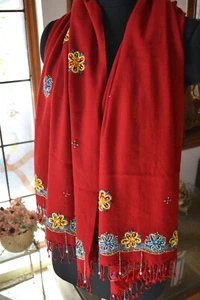 CHAL PASHMINA PERLAS DE MANO DE DISEÑADOR ROJO CON CUENTAS ~ 100% cachemira: 12 diseños a elección - Imagen 1 de 5