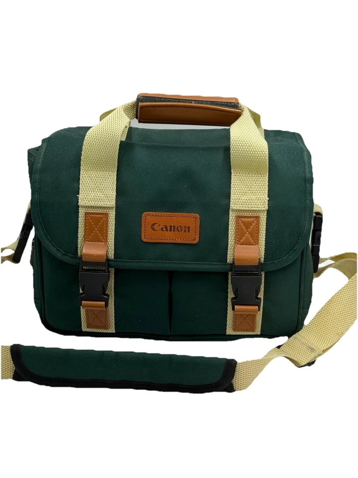 Bolso acolchado vintage para cámara Canon de lona verde correa de cuero 12x7x8 Foto 1 de 4