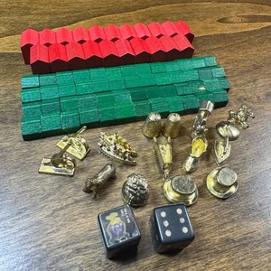 WOOD Monopoly Pieces Lot 13 golden Metal Token black dice replacement 50 houses - Picture 1 of 4