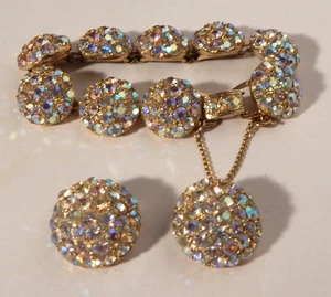 Vtg Gold Tone And Iridescent Rhinestones Domed Link Bracelet & Clip Earring Set - Picture 1 of 9