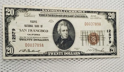 Billete de 20 dólares 1929 moneda nacional sello marrón Pacífico NB de San Francisco, CA  Foto 1 de 4