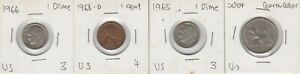 United States 1965,1966,1968.2004 Dime Cent Dollar mix coin x4 pcs