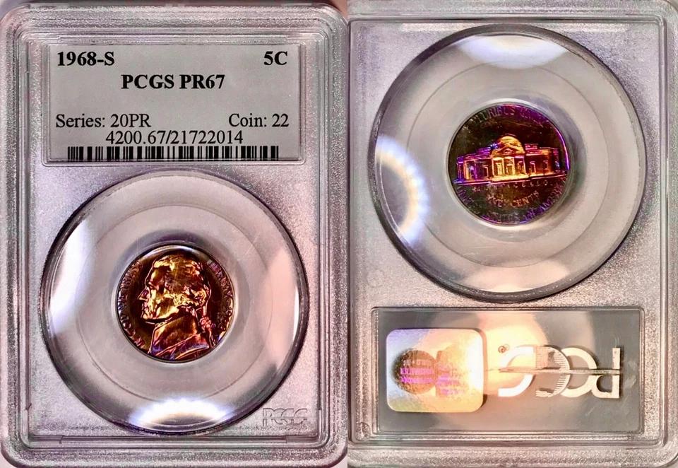 1968-S Jefferson Nickel PR67 Gorgeous Dual Side Vivid Color Rainbow Toned - Image 1 of 4