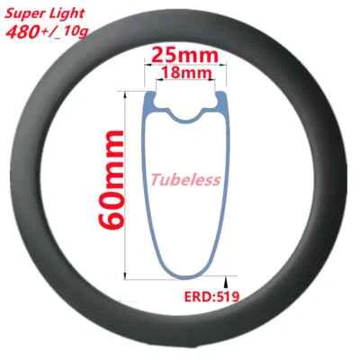 Llanta 700c Tubeless/Clincher de fibra de carbono para bicicleta de carretera 25*60 mm UD/3K 16-36 agujeros Foto 1 de 4