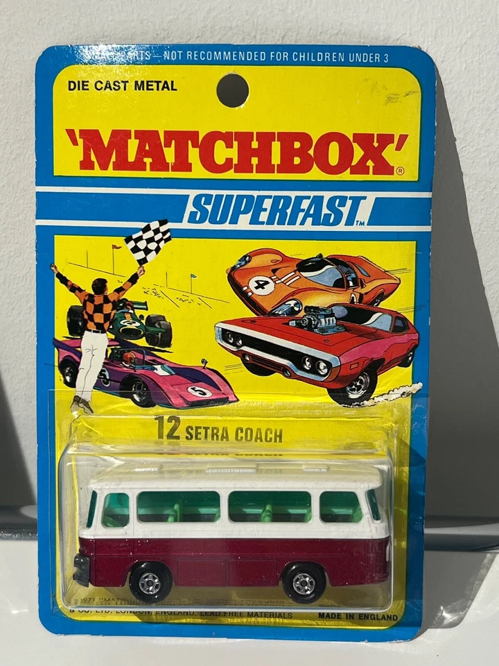 Matchbox Lesney Superfast # 12 Setra Coach magenta/green -perfekter USA Blister - Bild 1 von 1