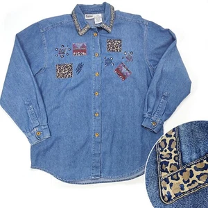 Vintage 90s Patchwork Denim Shirt Capacity Blue Cotton Cheetah Button Up M - XL - Picture 1 of 14