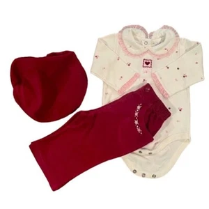 Little Wonders Girls 3-Piece Set Berry Corduroy Pants/Cap+Cream Floral Top 3-6M - Picture 1 of 4