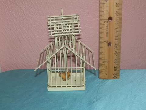 Vintage 3 1/2" Wire Bird Cage w/ Bird inside Ornament * Diorama * Doll house Cover