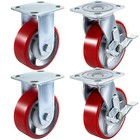 4 Pack Heavy Duty Caster Set 6" Polyurethane on Cast Iron Wheels No Mark Red
