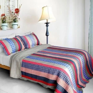 3 PC Retro Stripe red blue grey tan plaid Cotton Vermicelli Queen Quilt +Shams - Picture 1 of 1