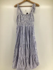 NEW LOOK UK 10 Blue White Stripe Tiered Midi Dress Shirred Summer Beach - Picture 1 of 7