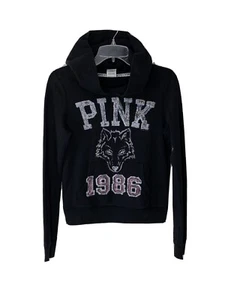 Pink By Victoria Secret Long Sleeve Hooded Sweatshirt Black No String Size XS - Picture 1 of 11