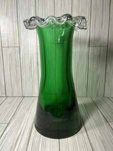 Vintage CZECH Glass EMERALD Green VASE 10.5" Clear Applied Fluted Edge 7 POUNDS - Picture 1 of 6