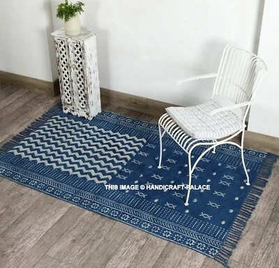 Indio Indigo Mano Bloque Algodón Estampado Alfombra Suelo Corredor Handmade - Imagen 1 de 3