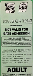 2025 Indianapolis Indy 500 Sonsio Grand Prix Bronze Badge/Pre-Race Pit Access - Picture 1 of 3