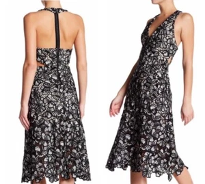 Alice + Olivia Lace Noreen Embroidery Black White Cut Out Halter Dress 10  $698 - Picture 1 of 8
