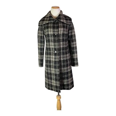 Talbots Size 2P Plaid Tweed Overcoat Button Front Lined Black Grey Metallic - Image 1 of 4