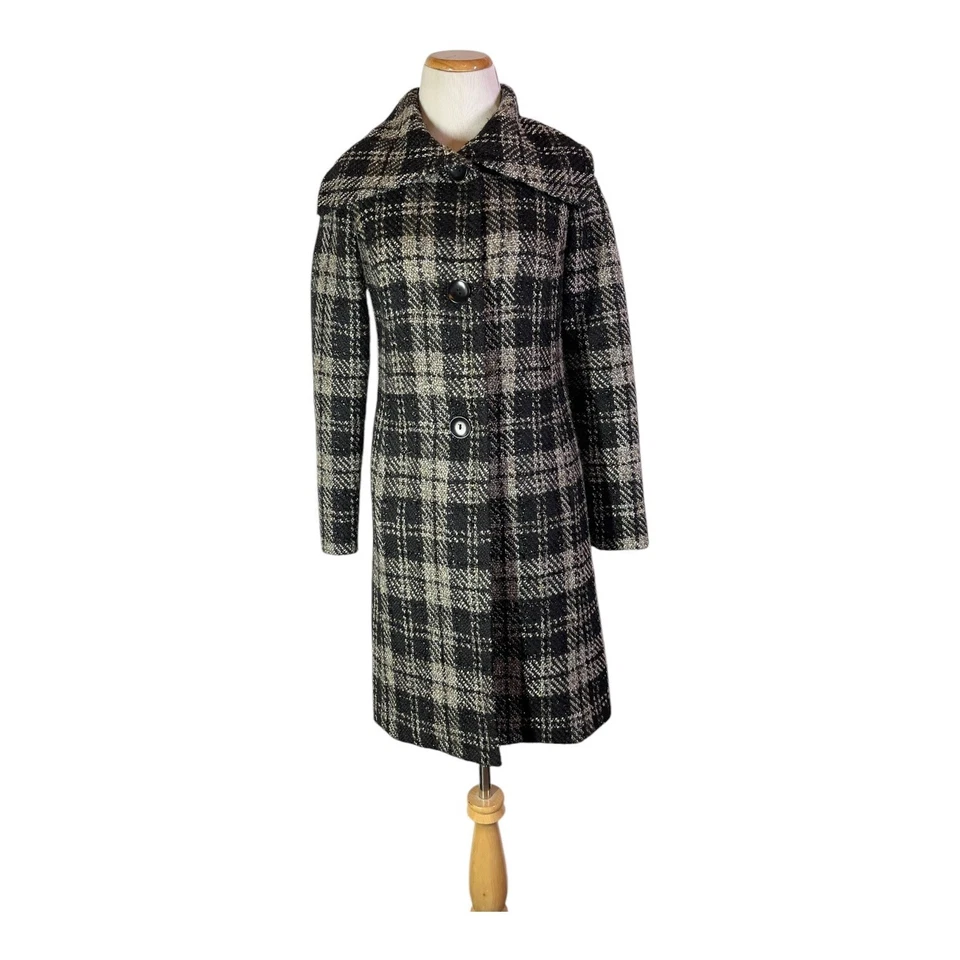 Talbots Size 2P Plaid Tweed Overcoat Button Front Lined Black Grey Metallic - Image 1 of 4