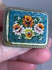 Flowers Micro Mosaic Murano Glass ITALY Vintage Silver Brooch Pin M-3178 AS IS