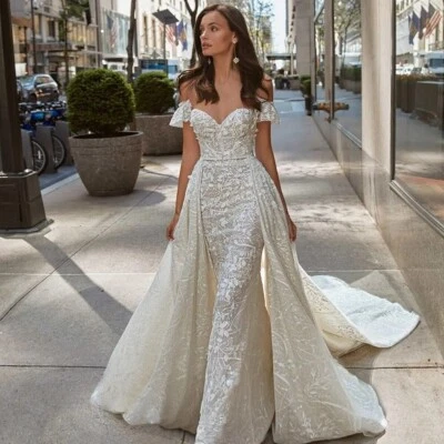 Elegante Vestido de Novia Sirena Hombro Descubierto Sin Mangas Encaje Apliques Vestidos de Novia Foto 1 de 4