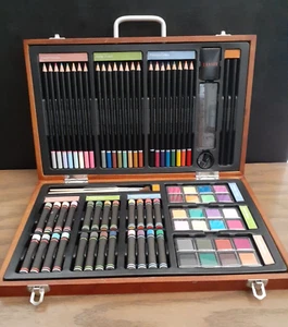 Craft Art Set Colored Pencils, Chalk, Watercolors - Wood Case Box - NEW - Picture 1 of 8