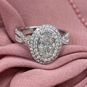 3CTW Oval Cut VVS1 Moissanite Double Halo Wedding Ring 14k White Gold Plated - Picture 1 of 10
