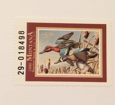 1990 Montana Waterfowl Hunting Duck Stamp, Cinnamon & Blue Winged Teal, MNH - Image 1 of 2