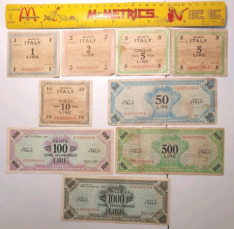 1943 Italy WWII Allied Military 9 Note Set; 1 to 1000 Lire Allied Invasion Notes - Image 1 of 4