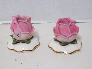 2 Vintage Dresden Rose Ceramic Rose Candlestick Holders - Picture 1 of 6