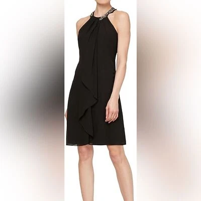 White House Black Market Beaded Halter Black Chiffon Cocktail Dress 4 MSRP $120 - Image 1 of 4