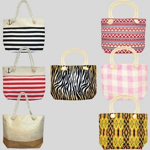 Extra Large Beach Day Canvas Bag Tote Stripes ZigZags Aztec Lined Inside White - Picture 1 of 10