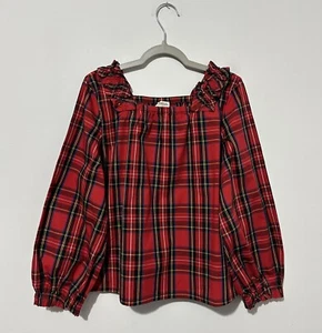 Crewcuts Girls T Shirt M Cotton Red Yellow Plaid Long Sleeve Square Neck NWT - Picture 1 of 6
