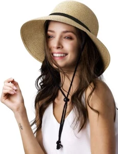 High Quality Brim Beach Sun Hat Medium Beige Lanyard 50 UPF Summer Straw Garden - Picture 1 of 5