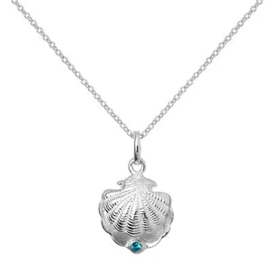 Sterling Silver Oyster Shell & Blue Zircon CZ Birthstone Necklace 16-22 Inches - Picture 1 of 15