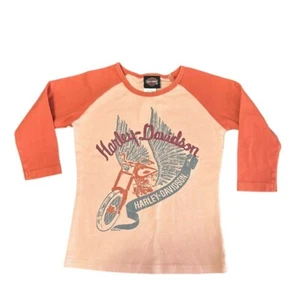 Harley-Davidson Girls Shirt Size 4/Orange Long Sleeve V-Neck T-Shirt Biker - Picture 1 of 4