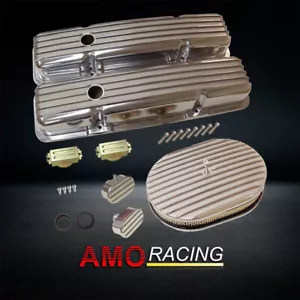 Polilshed Short Valve Cover Fits SBC 1958-86 & 12" Air Cleaner Finned & Breather - Bild 1 von 7