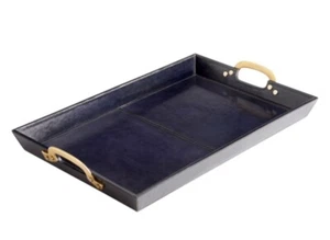 Cyan Design McQueen Blue Leather Tray w Antique Tone Brass Handles - Picture 1 of 7