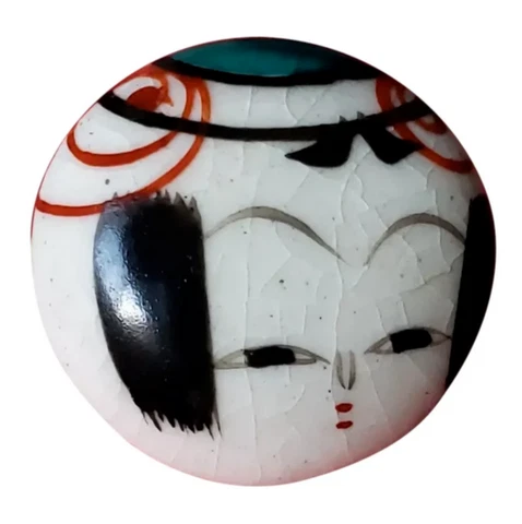 Japanese Ceramic Face with Unusual Green Glazed Back, Signed Vintage Button Cover