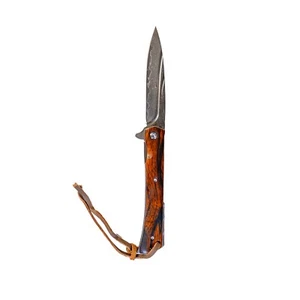 Damascus Steel Flipper Knife Wood Handle Liner Lock 3.875" Blade 8.5" EDC - Picture 1 of 4