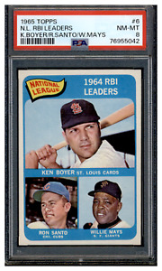 76955042 1964 Topps #6 National League RBI Leaders Willie Mays Boyer Santo PSA 8