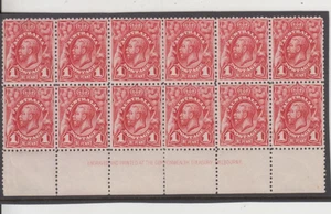 Stamps 1913 Australia 1d red KGV engraved plate 4 bottom imprint block of 12 - Bild 1 von 2