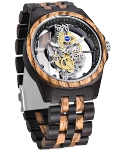 Men's Hollow Analog Wooden Watch Retro Gear Carving Design Transparent Dial Q... - Picture 1 of 8