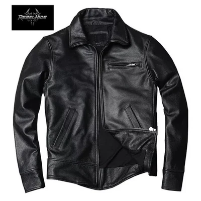 Men's Biker Motorcycle Leather Jacket Genuine Cowhide Black Leather Jacket Coat - Image 1 of 3