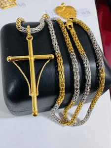 New 22K Solid 916 Real two-tone Gold Cross Set Necklace 21/21.5” Long 13.57g 3mm - Picture 1 of 24