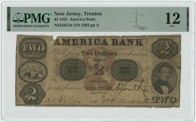 NJ535G4a $2 Trenton, NJ 1853 Obsolete America Bank PMG F12 New Jersey 949741-2 - Image 1 of 3