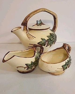 McCoy Pottery Ivy Leaf Tea Set Lidded Teapot Creamer Sugar Bowl Cottagecore - Image 1 of 4